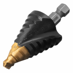 Сверло ступенчатое, 9-12-15-18-21-24-27-30-33-36 мм, Р6М5, 6-гр. хвостовик Denzel